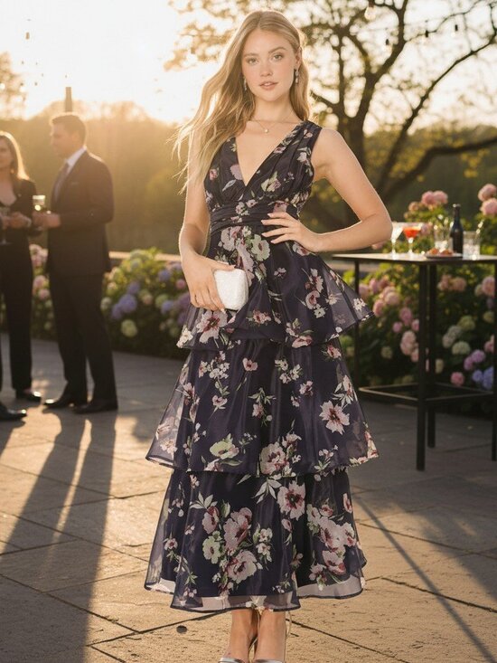 Lulus Dresses & Skirts - Lulus Molinetto Navy Blue Floral Organza Ruffled Tiered Maxi Dress NWT